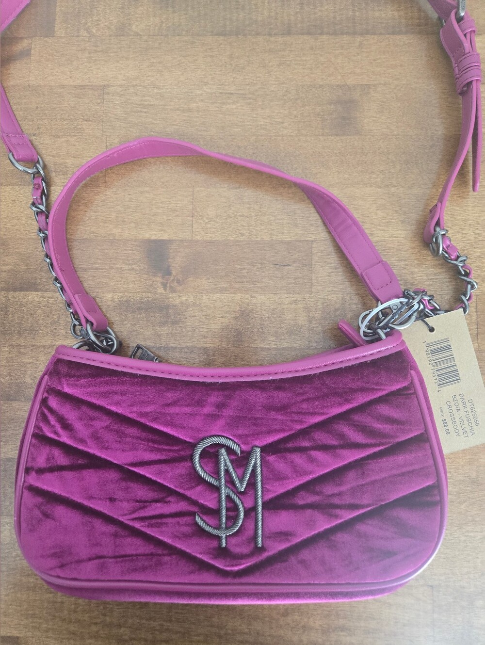 New Steve Madden Bzoia Velvet Crossbody Bag Purse Dark Fuchsia Purple Pink - Picture 2 of 6